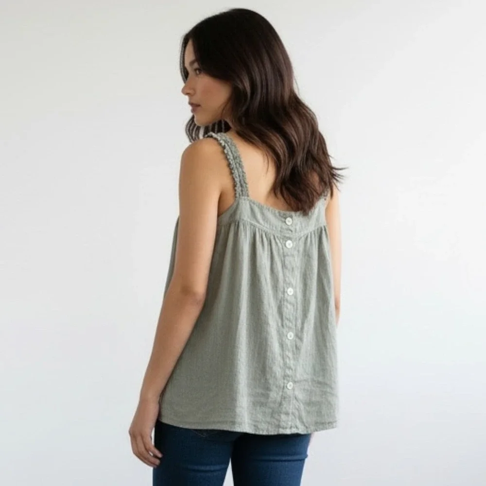 Cynthia Rowley 100% Linen Tank Top Olive Green Ruffle Strap Button Back Medium - Picture 2 of 10